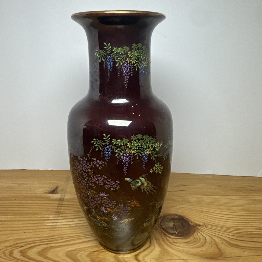 Japanese Peacock Vase Brown Red Wisteria Floral Gold Trim 10 Inch Floor Vase